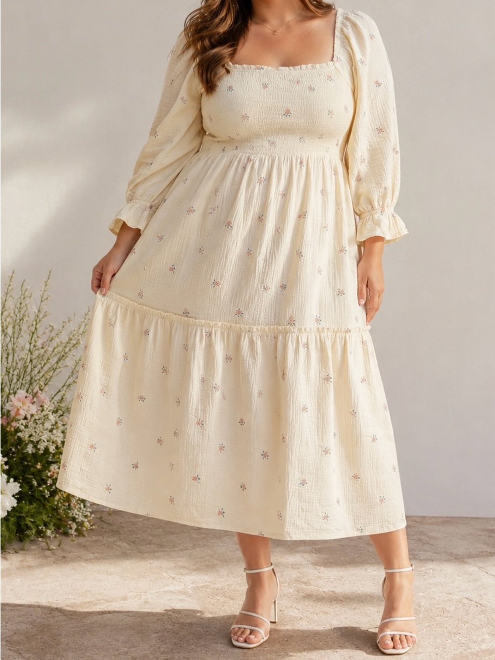 Piper & Scoot Tommy Linen Floral Midi Dress Cottagecore Cream Large
